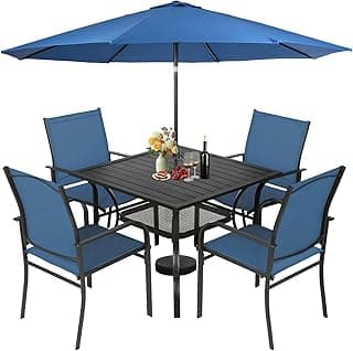 Incbruce 6 Pieces Patio Dining Set with Dark Blue Umbrella, Outdoor Dining Set of 4 Textilene Chairs and Square Table with Umbrella Hole for Backyard, Garden, and Poolside (Blue)