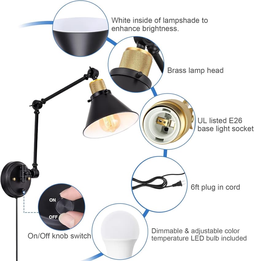 TRLIFE Dimmable Wall Sconce, Remote Control Plug in Wall Sconces Dimming 10%-100% and Adjustable Color Temperature 2700K-6000K, Swing Arm Wall Lights with Plug in Cord, UL Listed(2 Pack, 2 Bulbs)