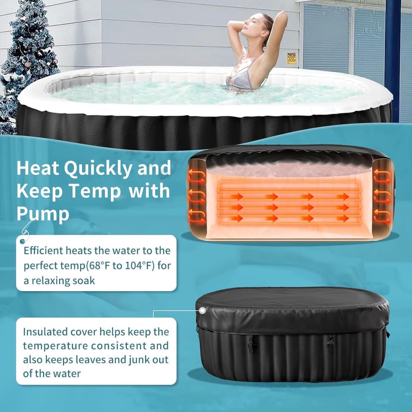 2 Person Inflatable Hot Tub, Oval Portable Hot Tub, Leak-Proof Blow up Hot Tub with 100 Air Jets, PVC Outdoor Spa with Insulated Cover & Heater Pump, 75” L X 47”W X 25”H