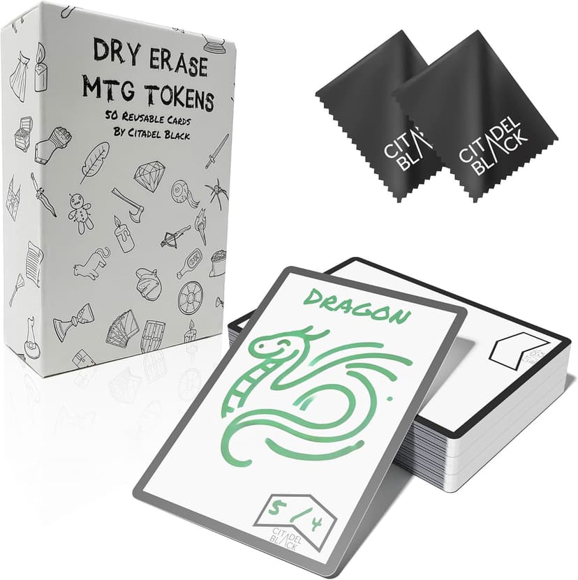 Citadel Black Dry Erase MTG Tokens Set of 50 Cards – with 2pcs Erasers, Reversible Reusable Double-Sided Universal Tokens Proxy Card, Magic: The Gathering