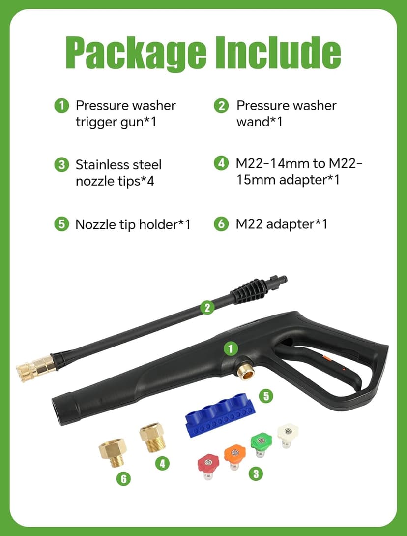 Pressure Washer Gun Set, Max W.P. 2320PSI, B.P. 5000PSI, M22-14mm & M22-15mm Fitting, 4 Stainless Steel Nozzle Tips & Holder, Replacement for Ryobi Powerstroke Greenworks and More Power Washers