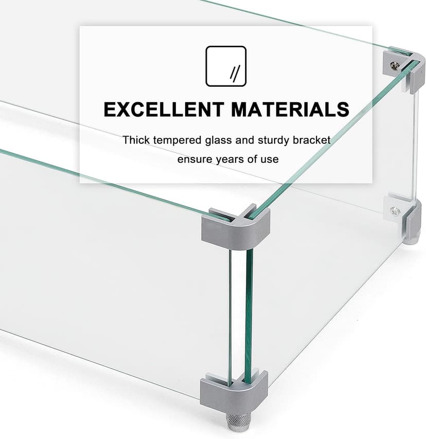 Nuu Garden 27.6'' x 11.7'' x 6.5" Rectangular Fire Pit Wind Guard, Transparent Tempered Glass, Polished Aluminum Brackets, 3M Anti-Slip Pads, Fit for Best Choice 52-inch Fire Table WG01