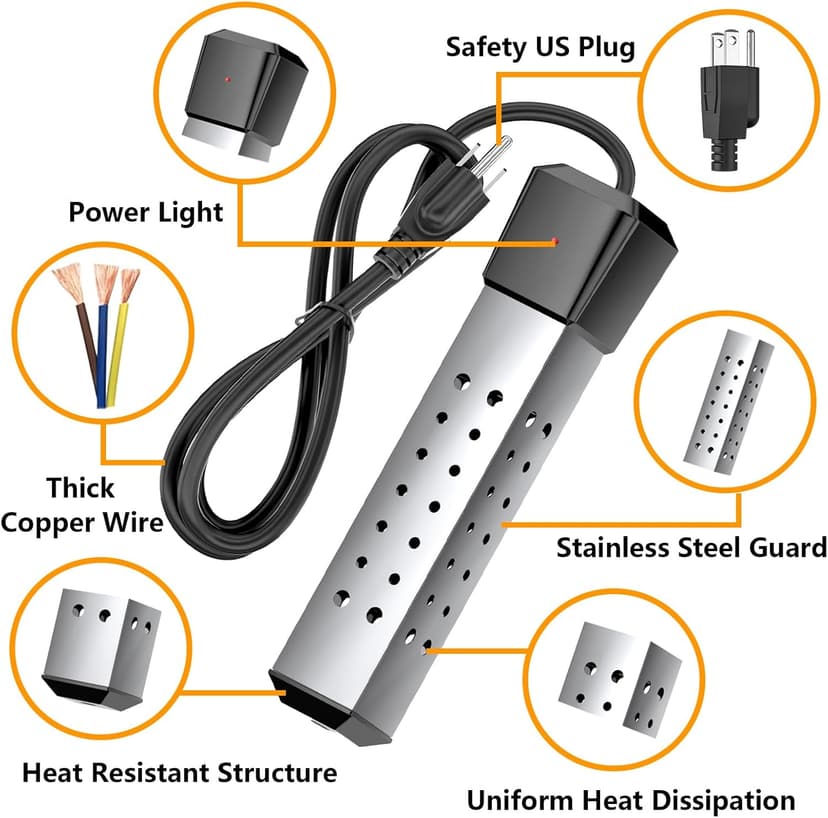 2000W Pool Heater for Inflatable Above Ground Swimming Pool, Immersion Water Heater for Bathtub Automatic Power Off, Submersible Electric Water Heater, Portable Bucket Heater with 304 Stainless Guard