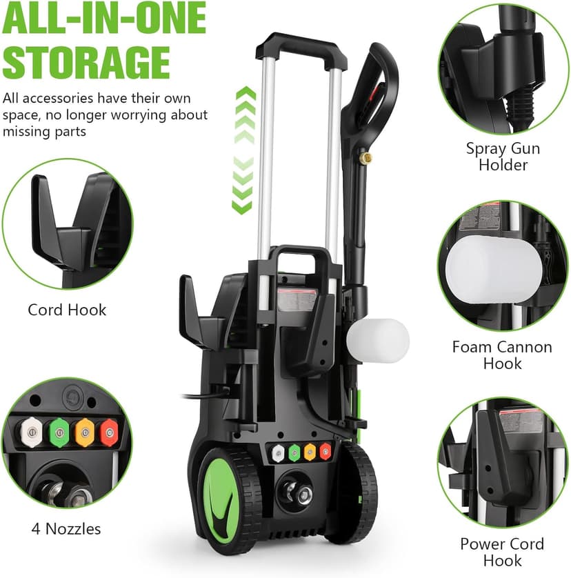 Electric Pressure Washer, 5000PSI 4.0GPM Heavy Duty Power Washer with 33 FT Extension Hose, 4 Quick Connect Nozzles and Foam Cannon for Cars/Fences/Driveways/Patios/Home Cleaning, Green