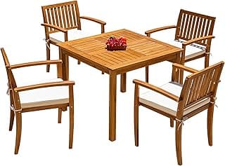 Flamaker 5 Piece Outdoor Dining Set Acacia Wood Patio Table and Chairs with Soft Cushions Patio Furniture for Deck, Backyard, Garden