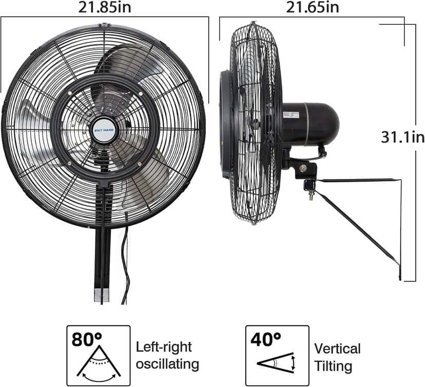 BILT HARD 20" Oscillating High-Velocity Outdoor Wall Misting Fan, 3-Speed Patio Fans for Outside, 80° Oscillation, Waterproof, Industrial Wall Mount Fan for Outdoor- UL Listed