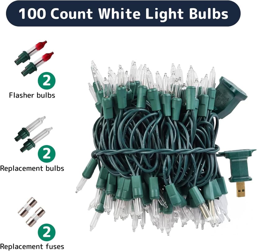 PREXTEX 100 Count Clear Easter Lights - 20 ft Ultra Bright String Lights with Green Wire for Indoor and Outdoor Use, Christmas Trees, Holidays, Patios and Garden