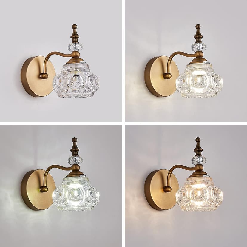 Vintage Wall Sconces, 1-Light Wall Lighting with Crystal Glass Shade, Matte Brushed Antique Brass Finish, Crystal Wall Light, Wall Lamp for Bathroom, Bedroom,Hallway(G9 Base)
