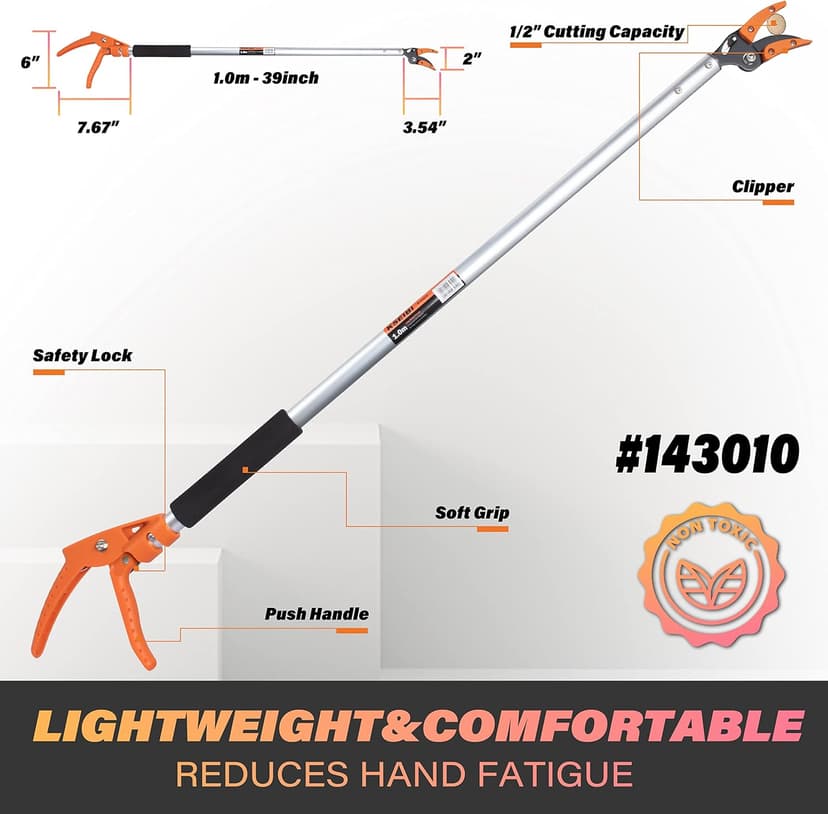 KSEIBI 143010 Long Reach 3.5 ft (1.0m) Cut & Hold Bypass Pruner - Lightweight Aluminum, Rust-Resistant, Ergonomic Grip, 1/4" Max Cut - Ideal for Precision Gardening & Pruning