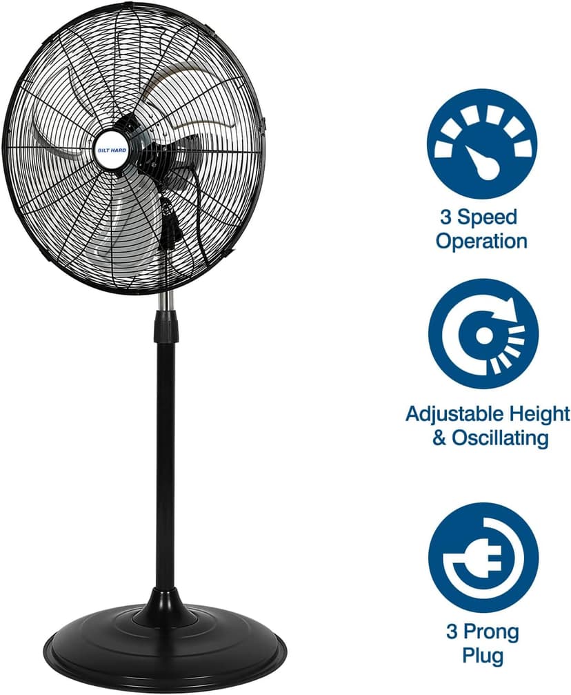 BILT HARD 5200 CFM 20" High-Velocity Industrial Pedestal Fan, 3-Speed Oscillating Stand Fan, Heavy Duty Metal Fan for Commercial, Warehouse, Garage Use