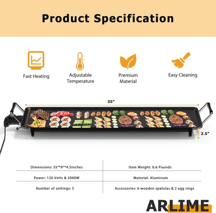 ARLIME Electric Griddle, 35" Teppanyaki Grill w/Extra Large Tabletop, Portable BBQ Grill Electric with Drip Pan & Adjustable Temperature, Long Griddle for Party, Home, Camping, Cooking