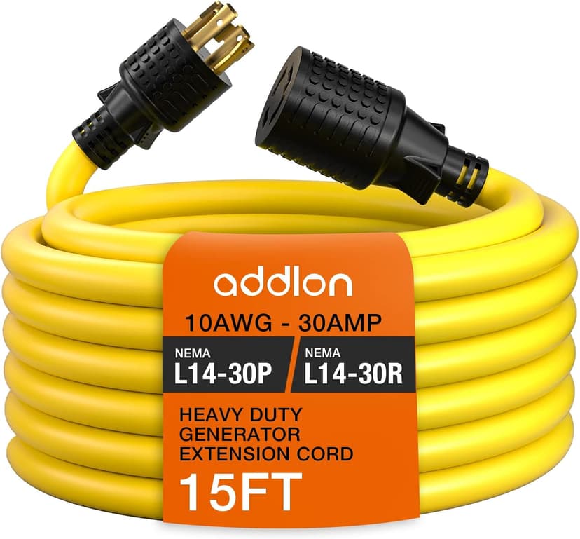 addlon 15FT 4-Prong 30 amp Generator Cord with Organizer Bag, NEMA L14-30P/L14-30R, 125/250 Volt 7500 Watts, 10 Gauge SJTW Locking Power Extension Cord for Manual Transfer Switch, Yellow, ETL Listed