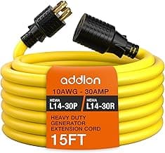 addlon 15FT 4-Prong 30 amp Generator Cord with Organizer Bag, NEMA L14-30P/L14-30R, 125/250 Volt 7500 Watts, 10 Gauge SJTW Locking Power Extension Cord for Manual Transfer Switch, Yellow, ETL Listed