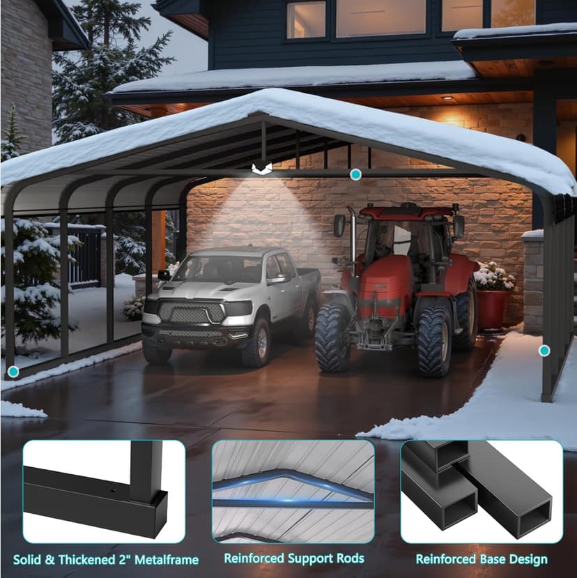 Metal Carport,Car Ports 20x20 Heavy Duty Metal for Snow,Car Tent Garage with Galvanized Metal Roof,Outdoor Two Car Carport All Weather with 2 PE Sidewalls