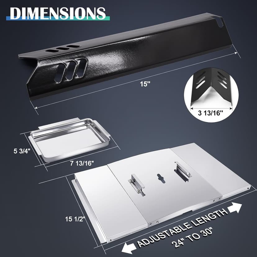 Grill Grease Tray Replacement Parts for Dyna Glo DGF493BNP, DGF510SBP, Backyard Grill BY13-101-001-12, BY14-101-001-02 and BHG Grill Parts, Adjustable 24''-30'' Gas Grill Drip Pan, Heat Plate Shields.