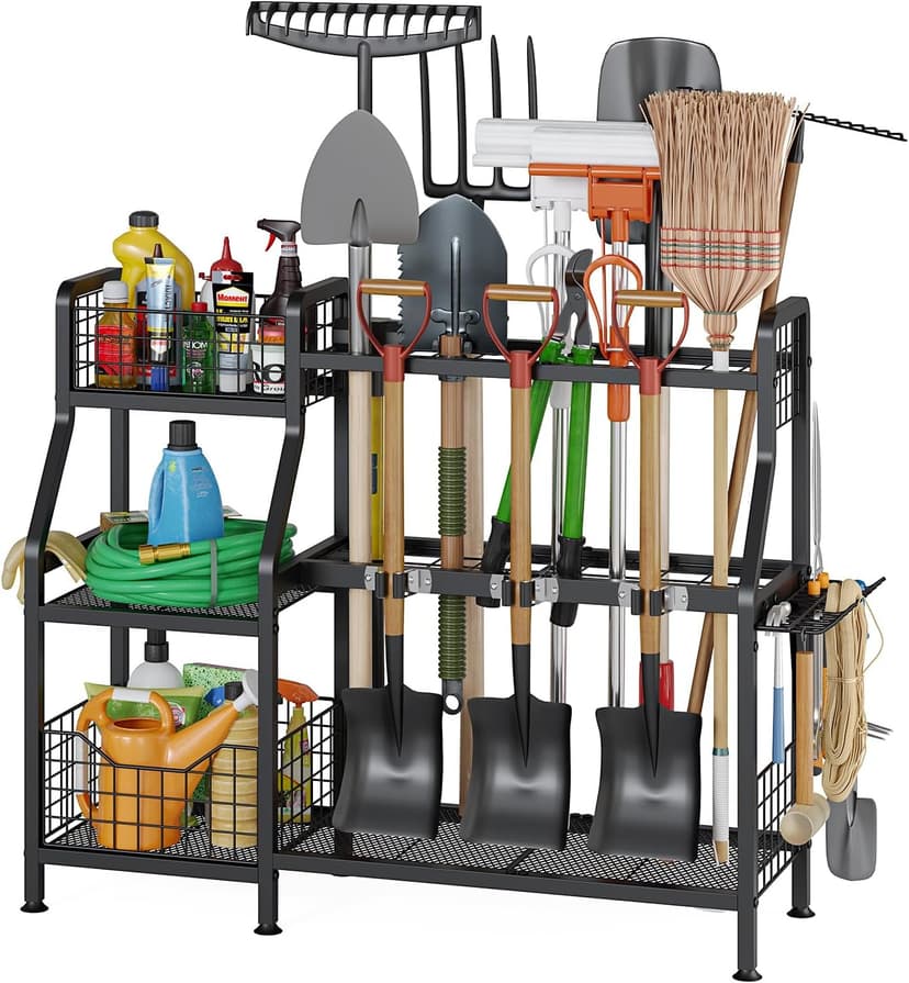 keomaisyto Garden Tool Organizer for Garage/Shed, 3 Tier Garage Tool Organizer and Storage Holder with Hooks, Large Garden Tools Tower Rack with Storage Basket for Shed/Yard/Lawn