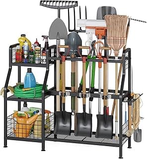keomaisyto Garden Tool Organizer for Garage/Shed, 3 Tier Garage Tool Organizer and Storage Holder with Hooks, Large Garden Tools Tower Rack with Storage Basket for Shed/Yard/Lawn