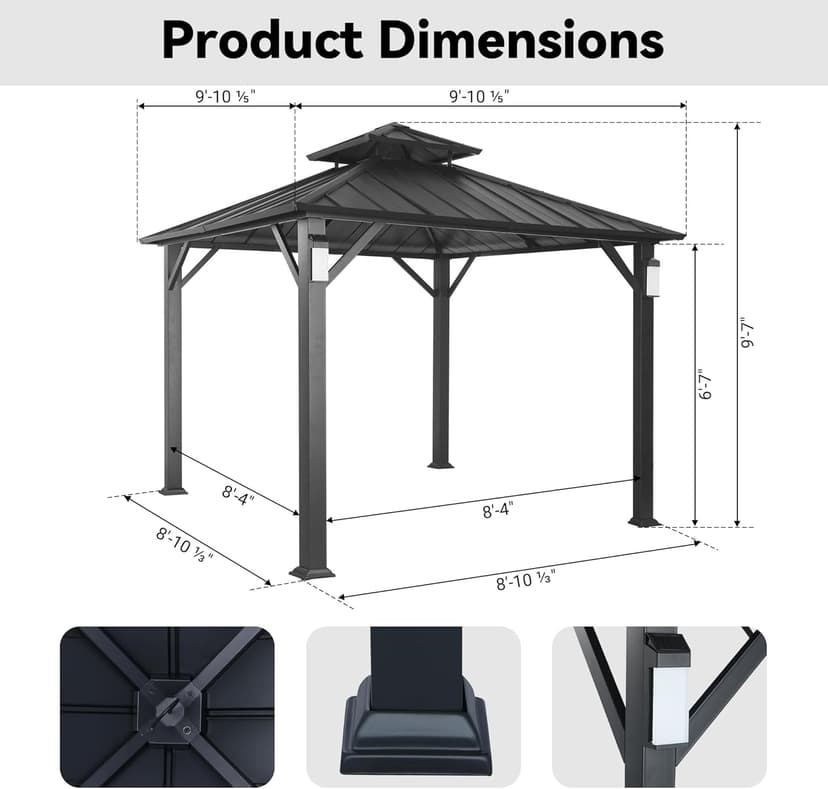 Modern Shade 10'x10' Hardtop Gazebo with Galvanized Steel Roof & 4 LED Lights - Permanent Metal Gazebo Outdoor Pavilion for Backyard, Deck, Garden - All-Weather Patio Cover