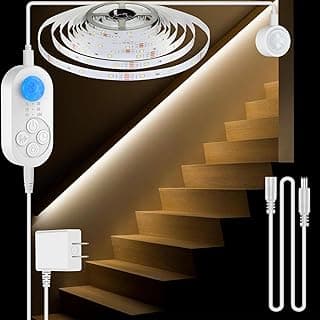 Dual Motion Sensor Light Indoor - Plug-in Motion Activated LED Stair Light Strip Step Light with Double Sensors, Dimmer And Timer for Stairway, Bedroom, Corridor (Warm White 3000K 16.4FT Light Strip)
