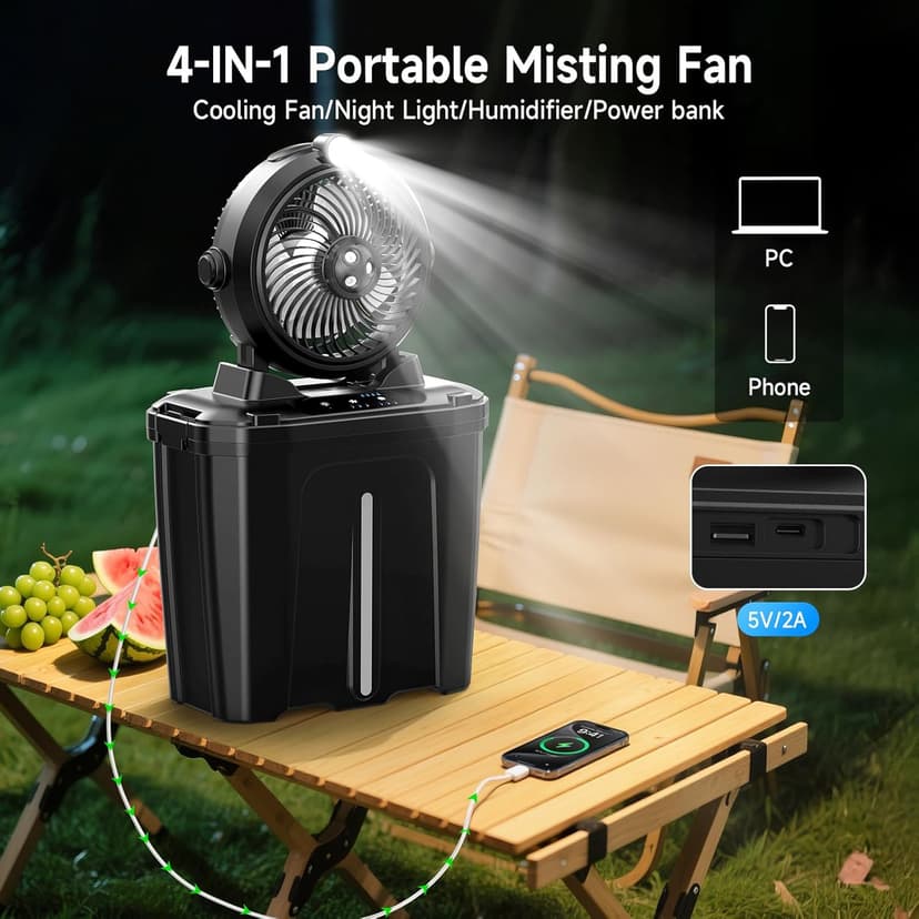 Portable Misting Fan - 11L Bucket, 20000mAh Rechargeable Battery Powered Fans for Patios, Outdoor Fans with Night Light, 3 Wind Speed & 4 Spray Mister Camping Cooling Fan, Waterproof Design