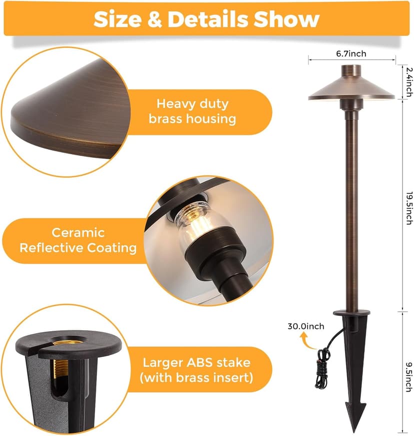 Gardencoin Solid Brass Low Voltage Pathway Lights (6.7'' Shade, 21.9'' Tall), 12V AC/DC Heavy Duty LED Landscape Path Lights Outdoor Wired, Antique Bronze Walkway Lights with Larger Stake, 6-Pack