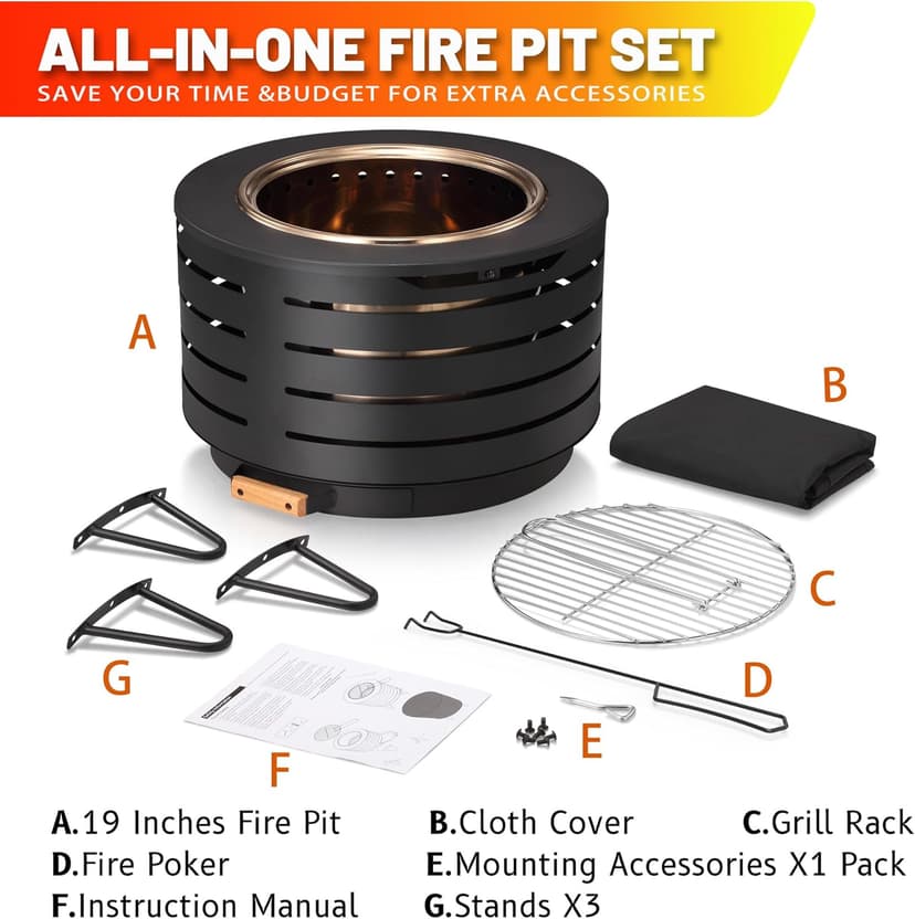 Low Smoke Fire Pit, 19 Inch Stainless Steel Portable Fire Pit for Wood Burning, Outdoor Fire Pit Perfect for Camping or Backyard, Includes Fire Poker, Stand, Cloth Cover and Grill Rack