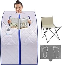 SereneLife Portable Sauna Box for Home, Infrared Sauna Tent with Heated Foot Pad and Folding Chair, Remote Control In-Home Spa, 38" x 32” - (Silver)