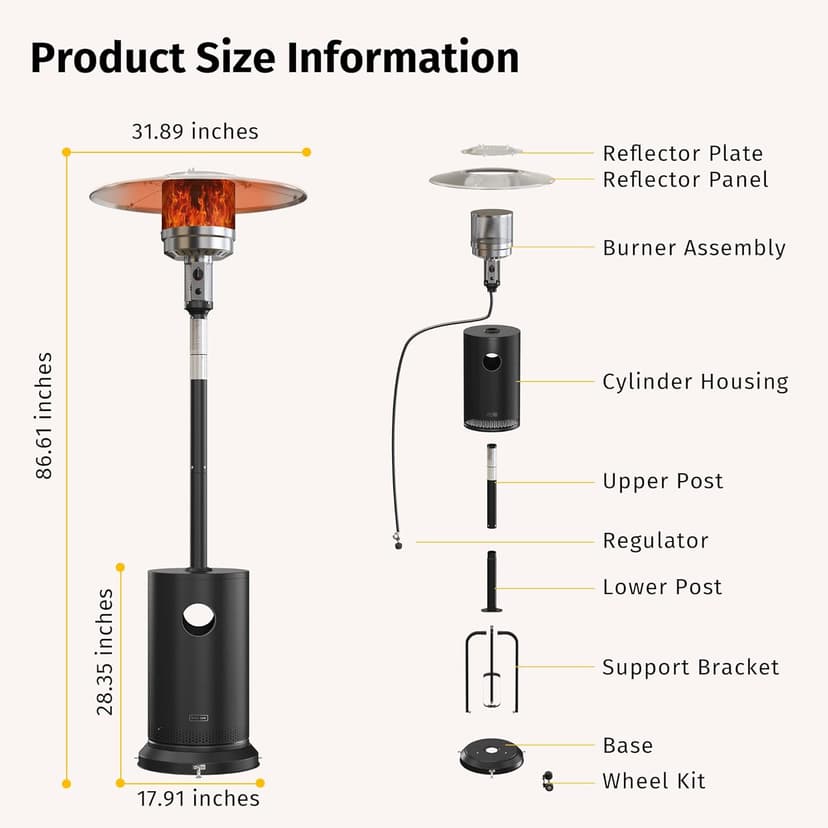 EAST OAK 50,000 BTU Patio Heater for Outdoor Use with Round Table Design, Double-Layer Stainless Steel Burner, Wheels, Triple Protection System, Outdoor Heater for Home and Residential, Black