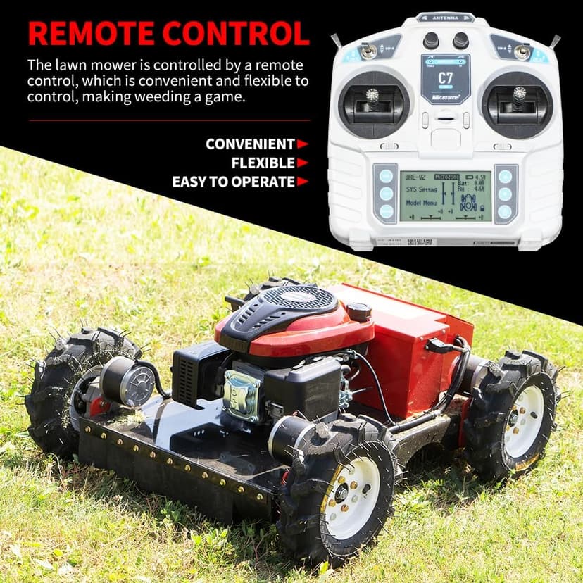 Remote Mower, Remote Control Lawn Mower, Small Crawler Oil-Electric Hybrid Four-Wheel Drive Lawn Mowing and Weed Whacker, All Terrain Grass Cutter Yard Mower, 30° Climbing (SKD-196-EASY)