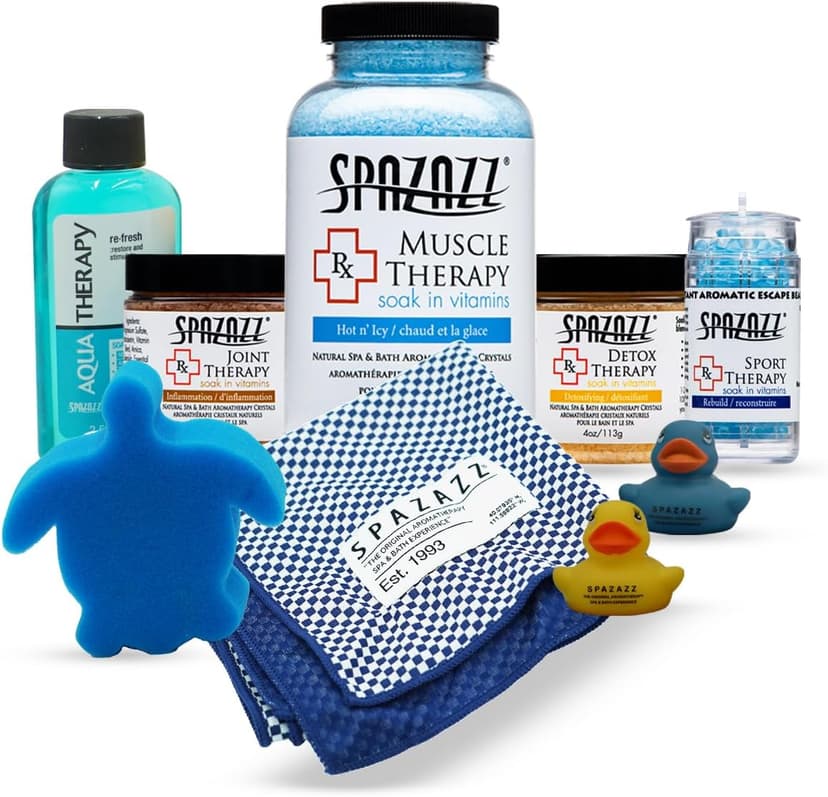 Spazazz Sports Athlete Hot Tub & Bath Salt Gift Bundle - Muscle Therapy 19 oz, Rx Joint 4oz, Detox 4oz, Aqua Therapy Re-Fresh 2.5oz, Sport Aroma Beads .5oz, scum Sponge, Hot/Cold Towel, Rubber Duck