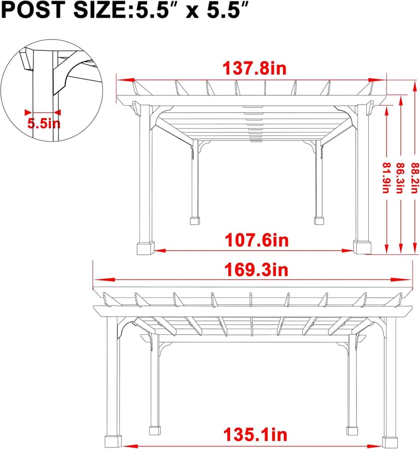 12x14 FT Wooden Pergola with Flat Roof, Cedar Wood Gazebo with Stakes Included, Outdoor Garden Shelter for Patio, Deck, Backyard, Lawn