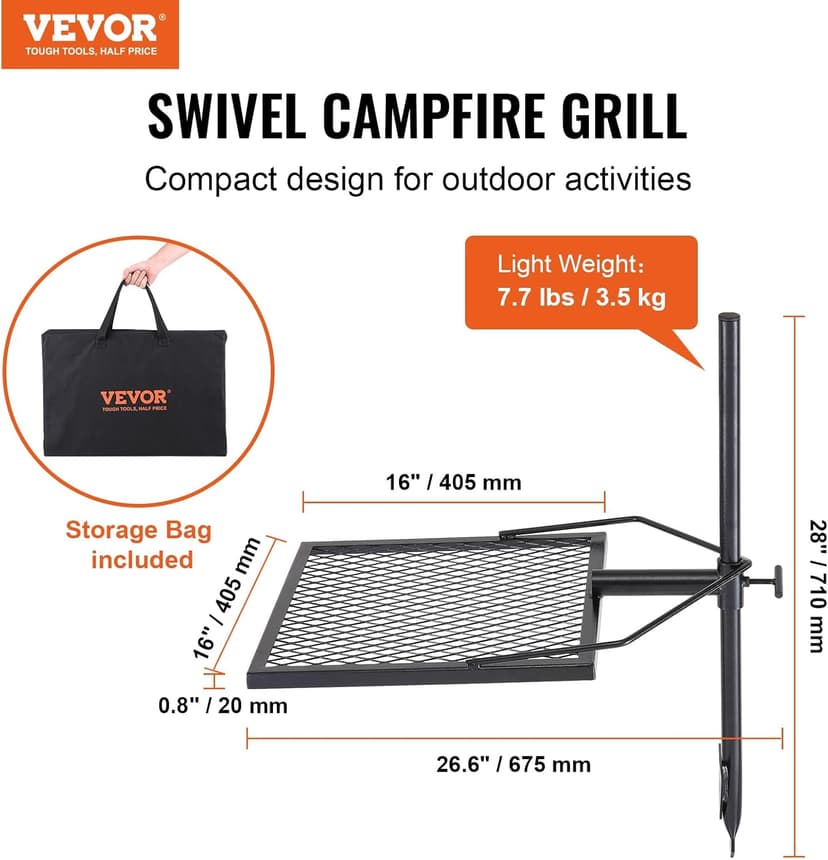 VEVOR Swivel Campfire Grill, Fire Pit Grill Grate over Fire Pits, Heavy Duty Steel Grill Grates, 360° Adjustable Open Fire Outdoor Cooking Equipment, Portable Camp Fire Racks for Camping Outdoor BBQ