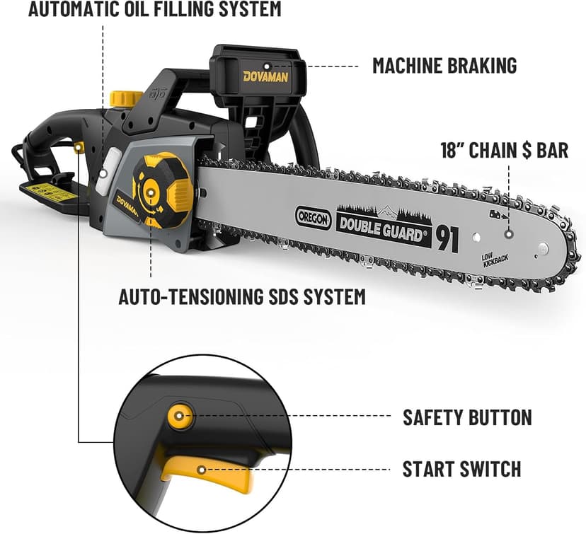DCS08A Electric Chainsaw, One-Step Tool-Free Tensioning, Oregon Bar ＆ Chain, Low Kickback, Mechanical Brake, Automatic Chain Lubrication, 18-Inch 15-Amp Electric Chainsaw corded with 2 Chains