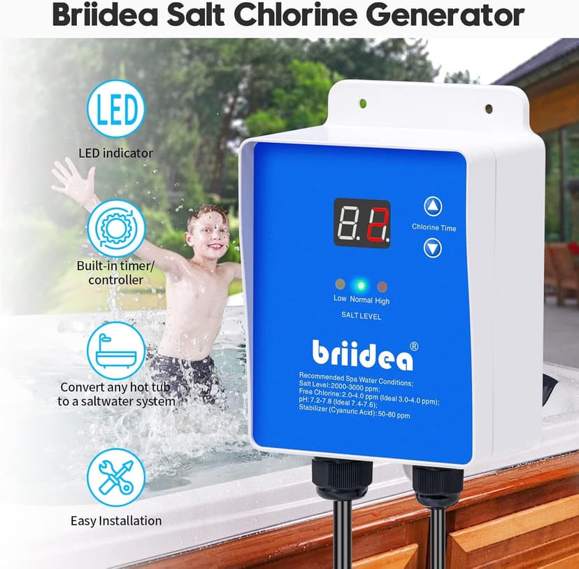 Salt Chlorine Generator, Briidea Chlorine Generator with USA-Made Titanium Cell, Ideal for Hot Tubs & Swim Spas Up to 2000 Gallons, Chemical-Free & Cost-Effective Maintenance
