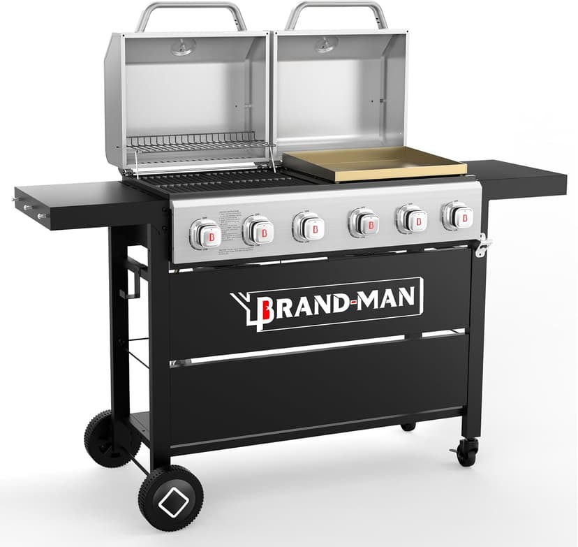 Brand-Man Griddle Grill Combo 6-Burner, 2 in 1 Versatile Propane Gas Grill and Griddle with Double Lids, BBQ Combo for Outdoor Kitchen & Backyard Barbecue Cooking