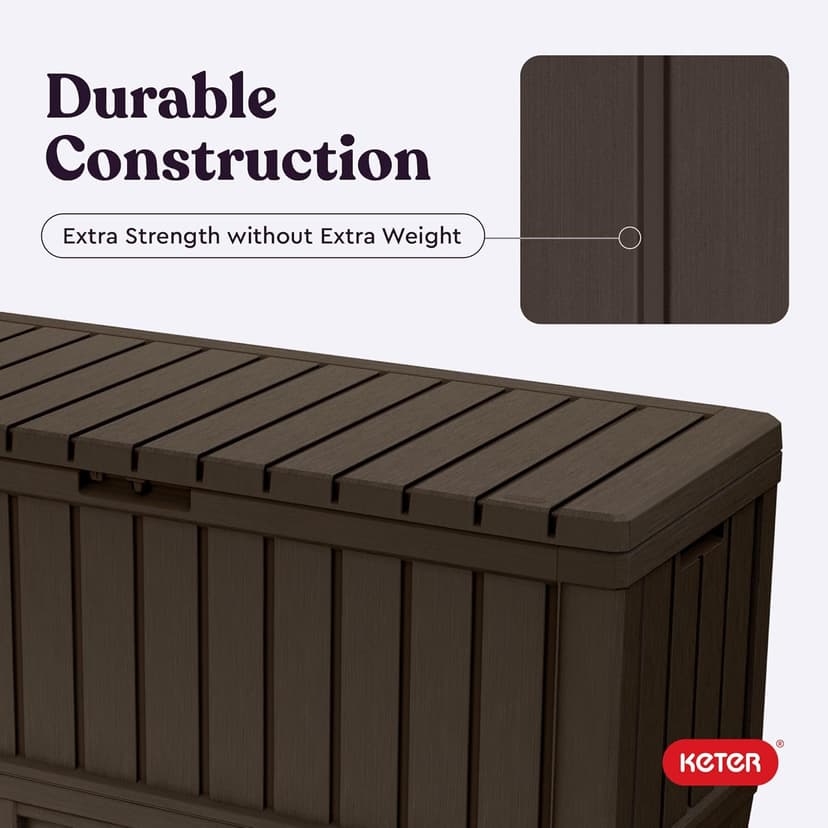 Keter Kentwood 92 Gallon Resin Deck Box-Organization and Storage for Patio Storage Box Outdoor Cushions, Throw Pillows, Garden Tools and Pool Floats, Brown