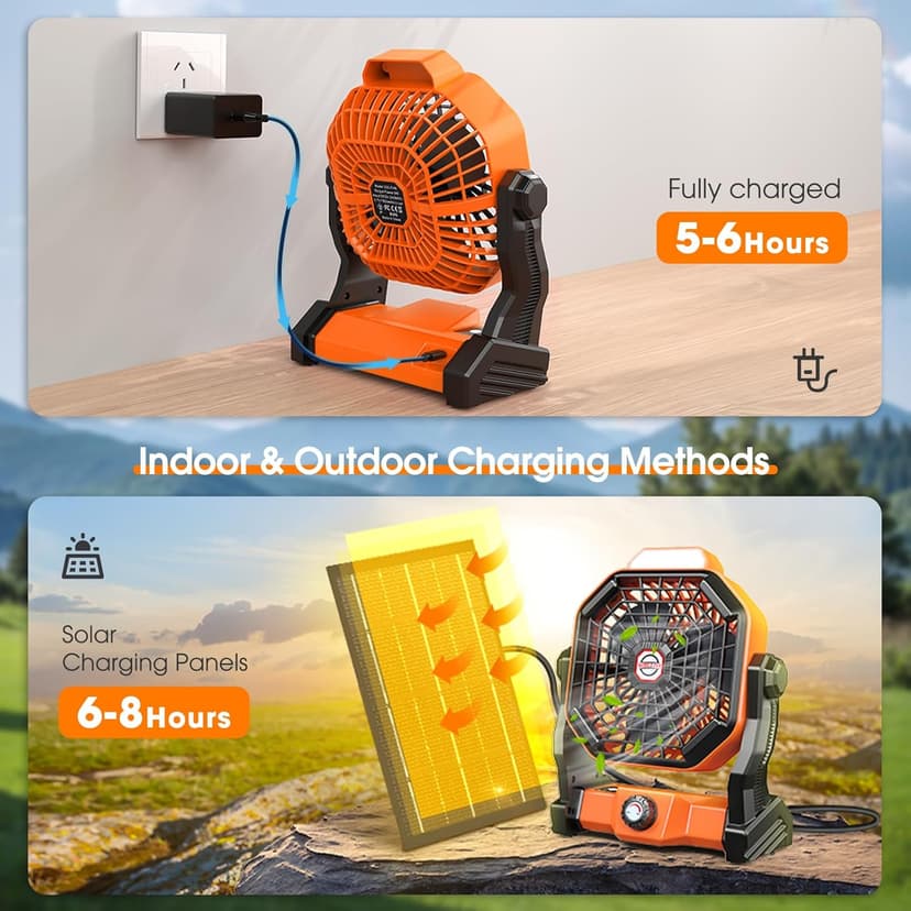 10800mAh Solar Powered Fan, 7W Solar Camping Fans & Led Lantern, 8-inch Rechargeable Fan with Solar Panel, Battery Operated Powered Outdoor Tent Fans for Camping Essentials Accessories