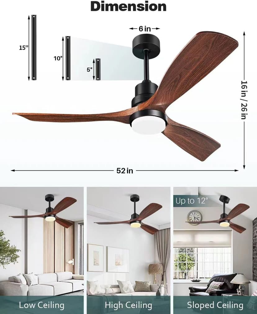 Ceiling Fans with Lights and Remote, 52 Inch Outdoor Ceiling Fan for Patios with Light 3 Downrods, 3 Blades Modern Ceiling Fan Noiseless Reversible DC Motor, Wood Fan for Farmhouse