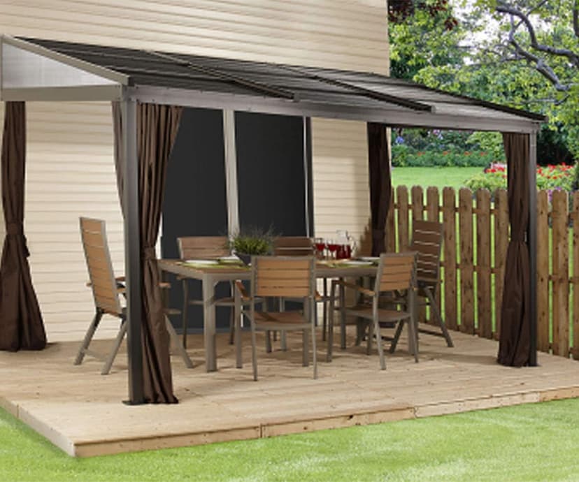 Sojag 10' x 12' Francfort Wall-Mounted Hardtop Gazebo Outdoor Weather-Resistant Aluminum Frame Sun Shelter Black,Brown