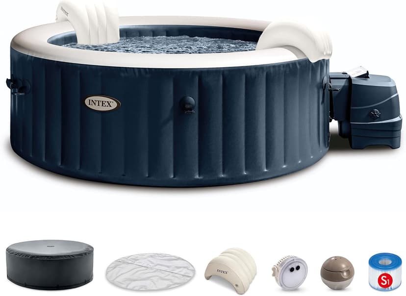 INTEX 28429EP PureSpa Plus Bubble Massage Spa Set: Includes Energy Efficient Spa Cover – 2 Contoured Headrest – LED Light – 4 Person Capacity – 77" x 28"