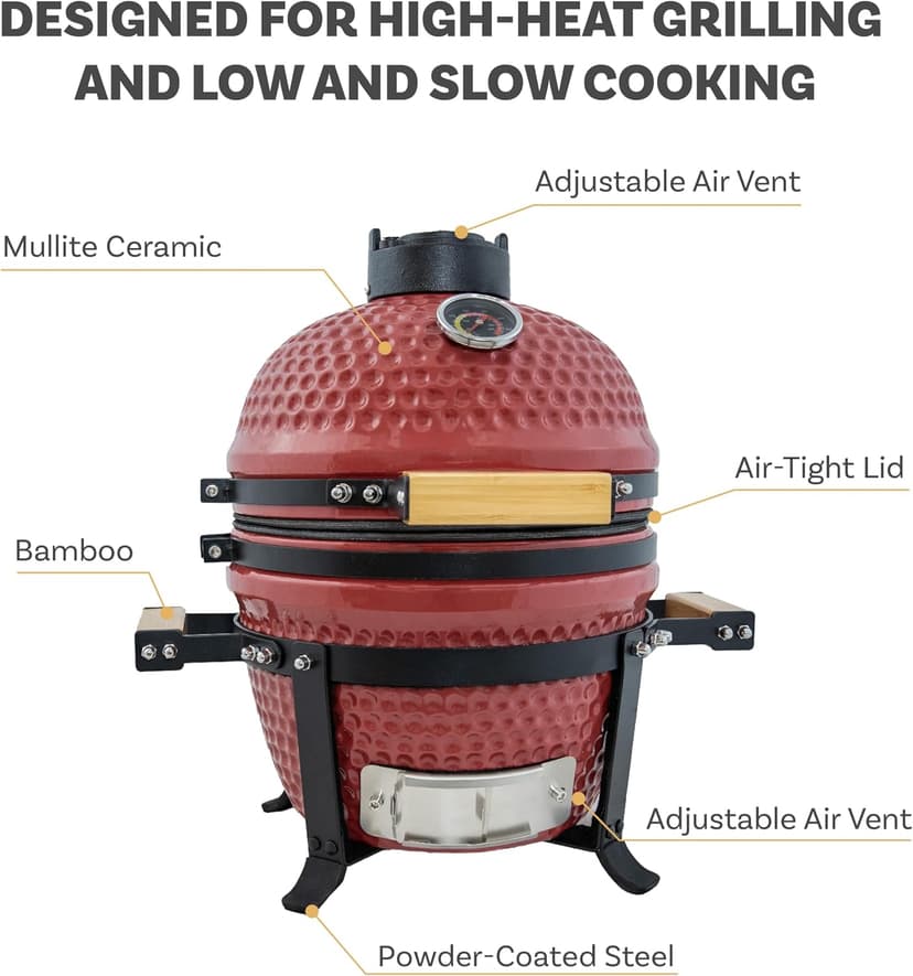 Sunnydaze 13” Kamado Portable Charcoal Grill with Smoker - Outdoor Ceramic Small BBQ Grill with Stand and Cooking Grate - Red