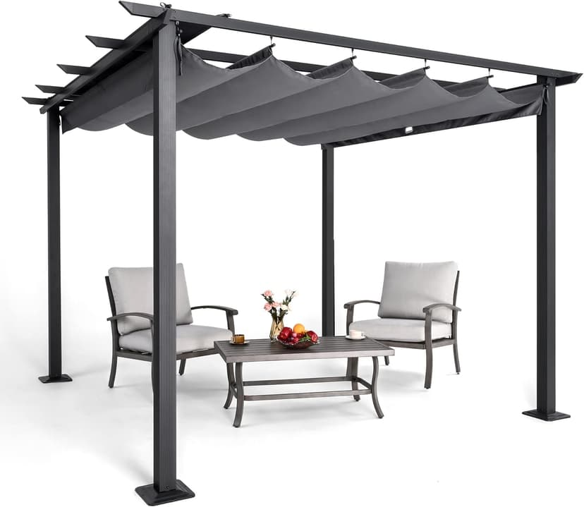 HAPPATIO 10' X 10' Pergola Retractable Canopy for Backyards, Gardens, Patios, Outdoor Pergola with Sun Shade Canopy, Includes Ground Studs and Expansion Screws (Grey)