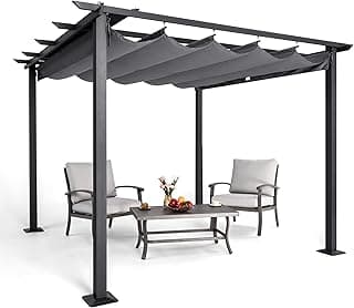 HAPPATIO 10' X 10' Pergola Retractable Canopy for Backyards, Gardens, Patios, Outdoor Pergola with Sun Shade Canopy, Includes Ground Studs and Expansion Screws (Grey)