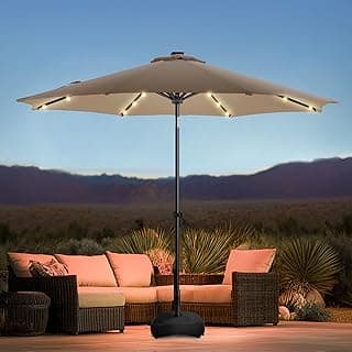 wikiwiki 9FT Solar Led Patio Umbrella with Base, Sturdy Outdoor Market Umbrella for Deck, Pool, Garden w/Tilt, Crank, 32 LED Lights, Tan