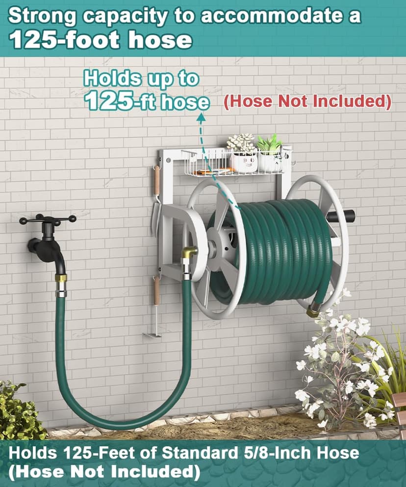 Outdoor Wall Mounted Hose Reel with Hook, Garden Heavy-Duty Water Hose Holder Winder with 3.9 ft Leader Hose, Brass Fitting and Storage Basket for Yard, Holds 125 Ft of 5/8-Inch Hose, White