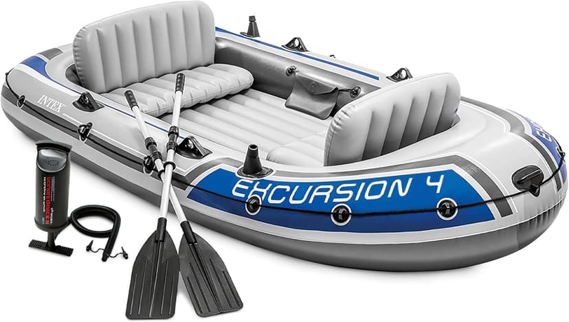 INTEX Excursion Inflatable Boat Series: Includes Deluxe 54in Boat Oars and High-Output Pump – SuperTough PVC – Adjustable Seats with Backrest – Fishing Rod Holders – Welded Oar Locks