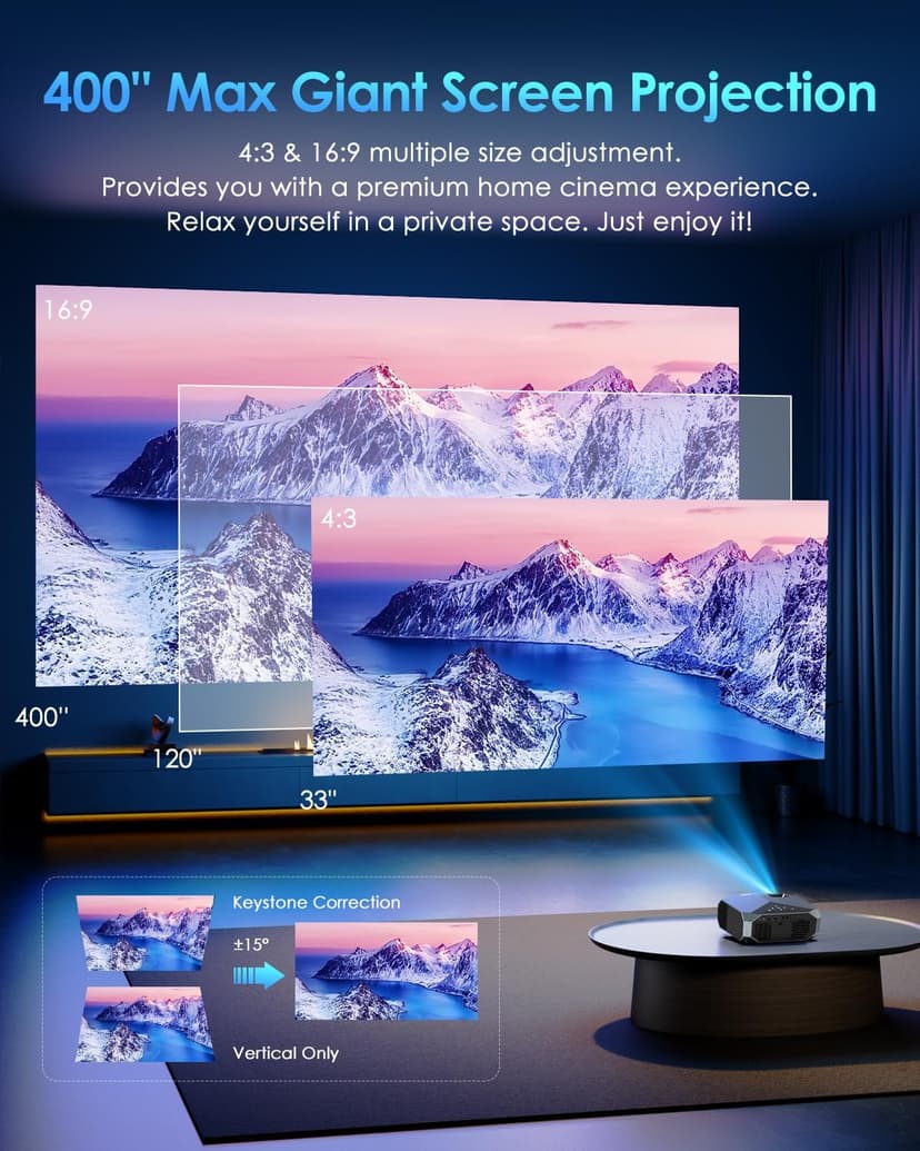 YOWHICK 4K Projector with WiFi and Bluetooth, 20000L Native 1080P Outdoor Portable Movie Projector, Smart Video Projector, 50% Zoom/400" Display, Compatible with HDMI/USB/PC/TV/PS5/DVD/Android/iOS