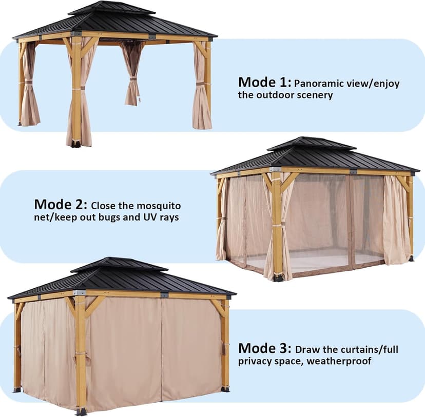 StarEcho 10'x12' Wooden Hardtop Gazebo,Wood Heavy Duty Solid Cedar Gazebos with Mosquito Netting and Waterproof Curtains,Outdoor Metal Canopy for Backyard,Lawn, Garden, Deck
