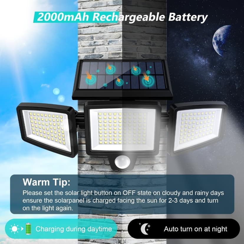 Tuffenough Solar Outdoor Lights 2500LM 210 LED Security Lights with Remote Control,3 Heads Motion Sensor Lights, IP65 Waterproof,270° Wide Angle Flood Wall Lights with 3 Modes(4 Packs)