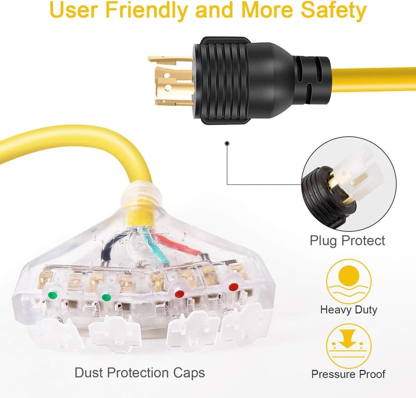 30 Amp to 110 Adapter Generator Power Cord, 4 Prong 30 Amp to 15 Amp Generator Adapter, Nema L14-30P Male to 4X 5-20R Female with Dust Protection Caps, 1.5 FT